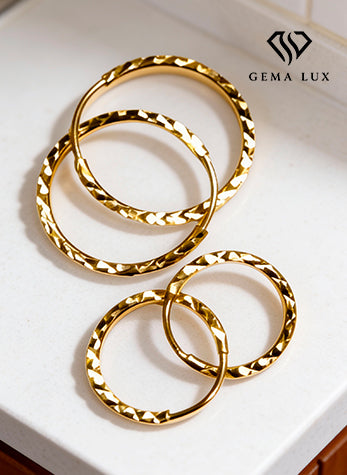 14k Gold round textured hoops earrings
