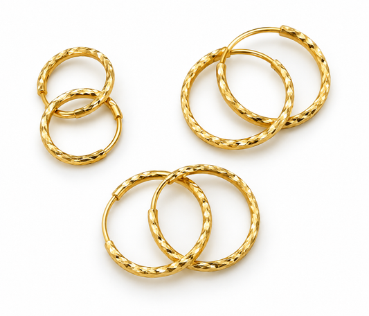14k Gold round textured hoops earrings 19mm