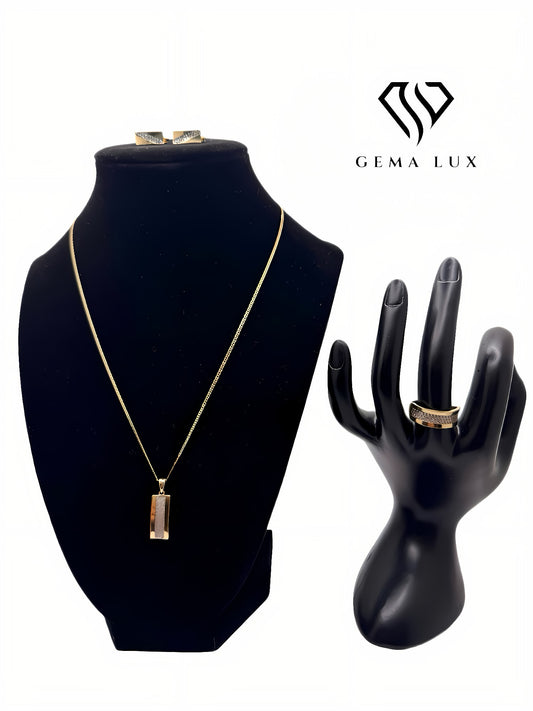 Solid 14K gold Exclusive Set necklace- earrings - ring with lines diamond zirconia