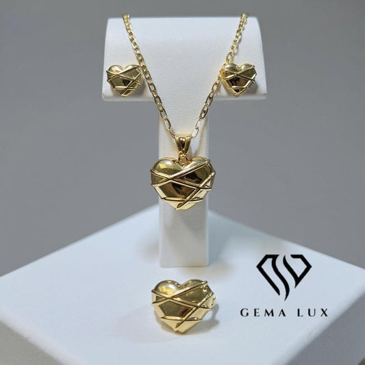 Solid 14K gold Exclusive Set necklace- earrings - ring with lines Heart 20'