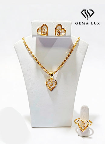 Solid 14k Exclusive Set necklace - Earrings - Ring big Heart with small heart -20