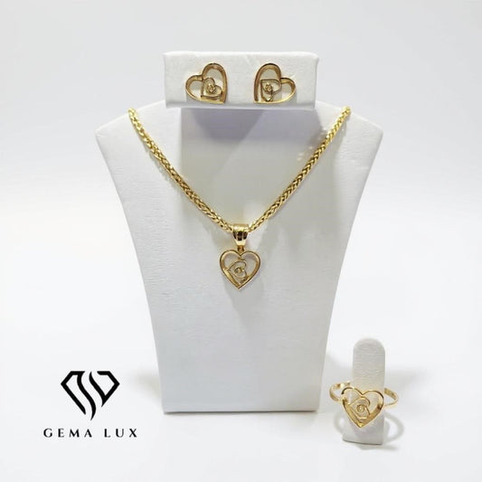 Solid 14k Exclusive Set necklace - Earrings - Ring big Heart with small heart -20