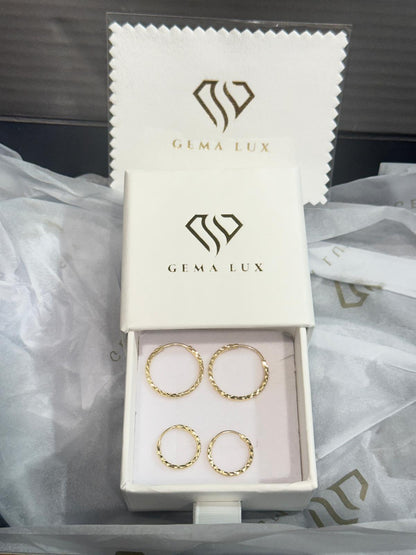 14k Gold round textured hoops earrings