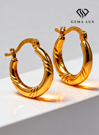 14k Gold round hoops earrings 3 lines desing - 17mm