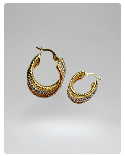 14k Gold textured and twisted hoops earrings 25mm