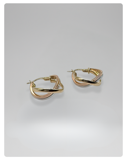 14k Gold twisted danity hoops earrings yellow-white-rose