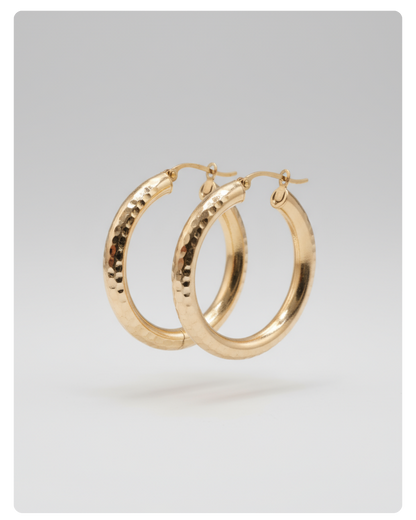 14k Gold dainity round  Hoop Earrings, 30mm textured