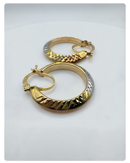 14 K Solid Gold hoop Earrings triangle shape 3 colors white-yellow-rose 25mm