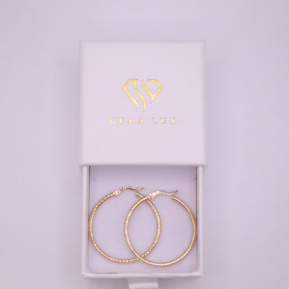14k Gold round textured hoops earrings