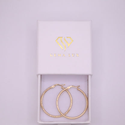 14k Gold round textured hoops earrings