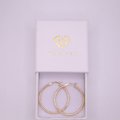 14k Gold round textured hoops earrings