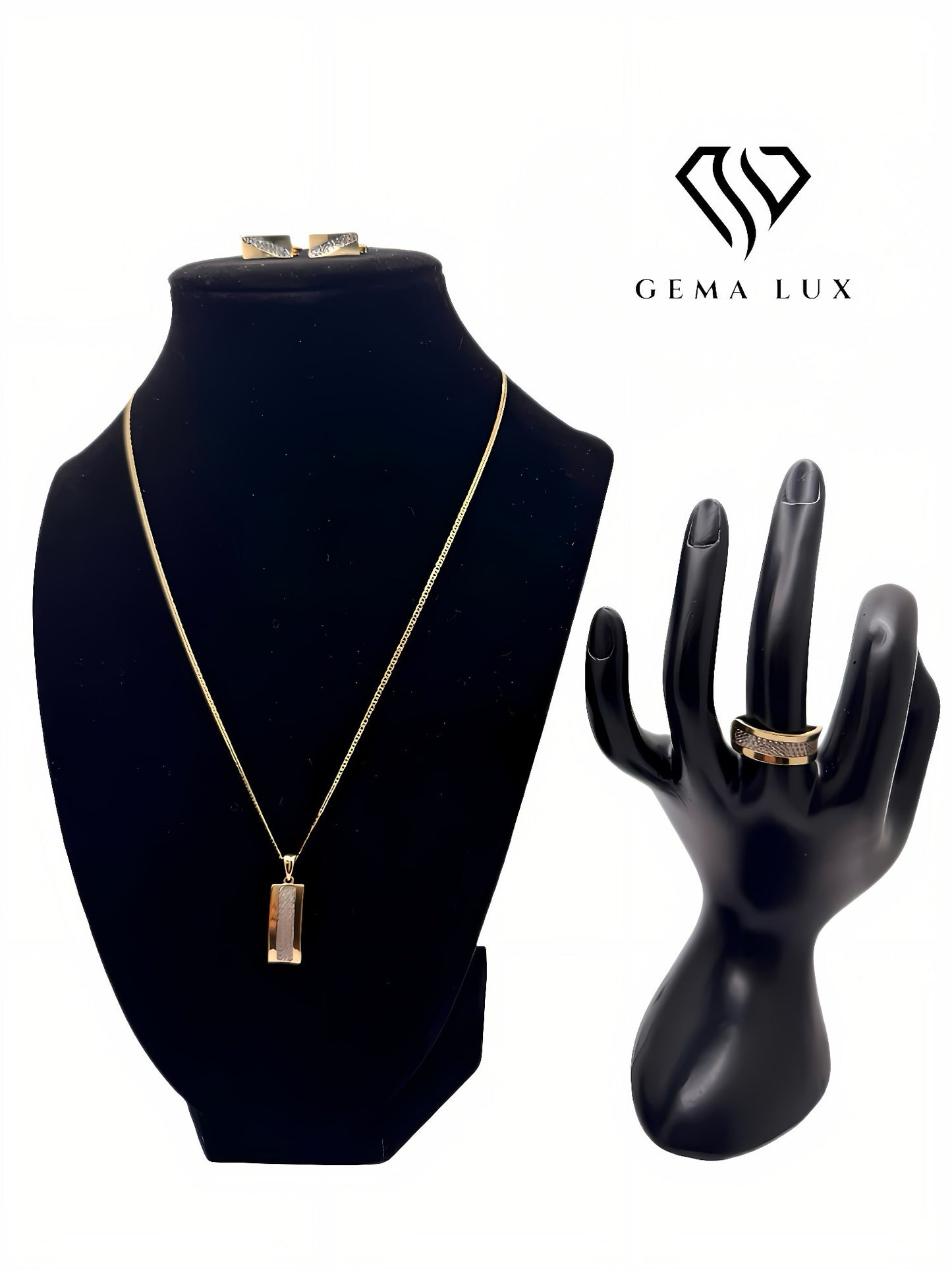 Solid 14K gold Exclusive Set necklace- earrings - ring with lines diamond zirconia