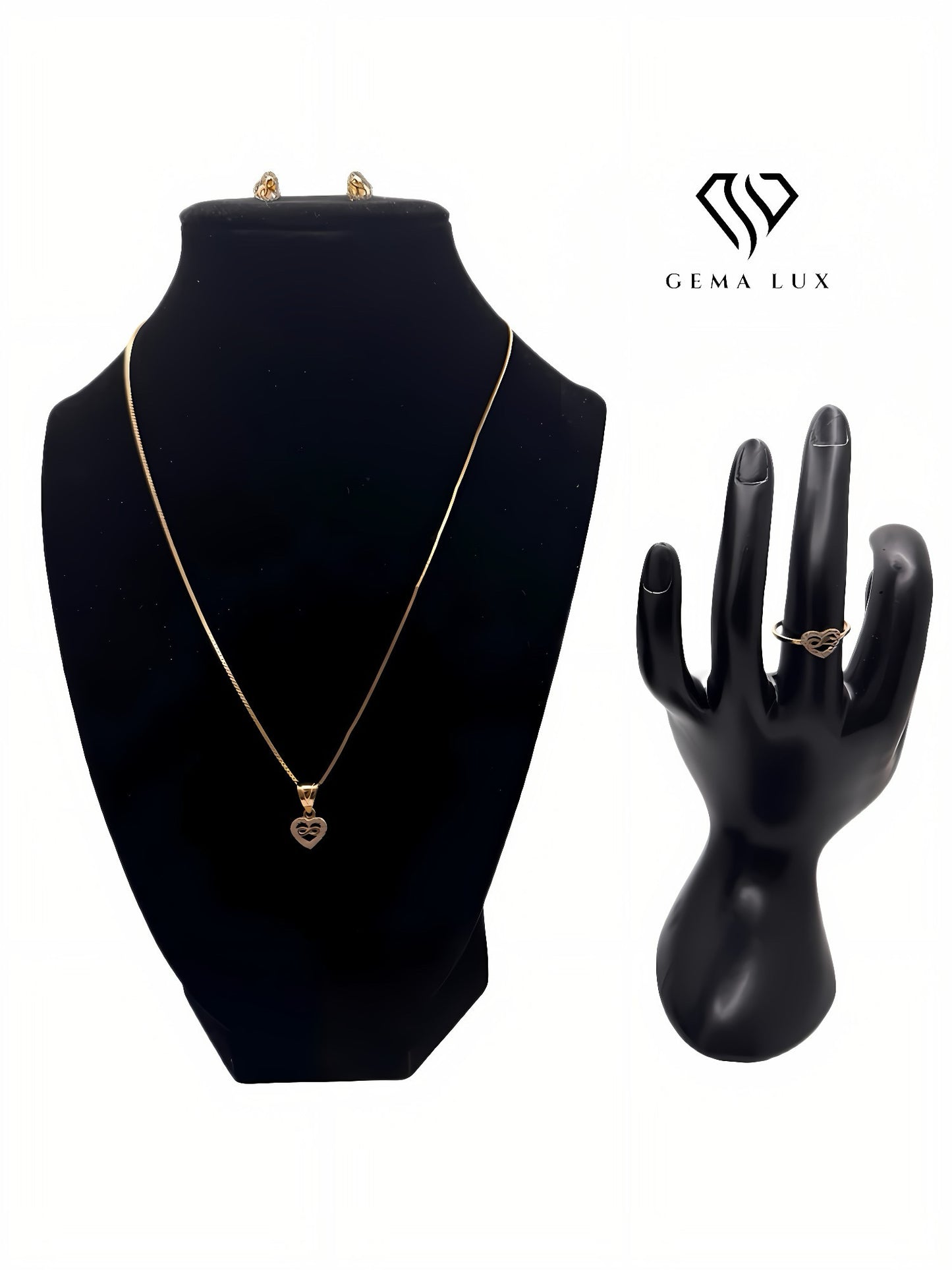 Solid 14k Exclusive Set necklace - Earrings - ring  with small heart zirconia