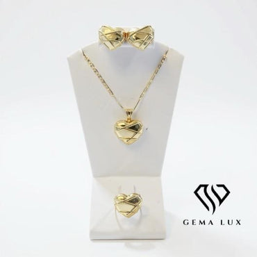 Solid 14K gold Exclusive Set necklace- earrings - ring with lines Heart 20'