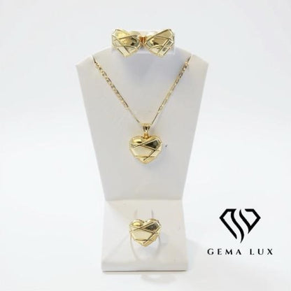 Solid 14K gold Exclusive Set necklace- earrings - ring with lines Heart 20'