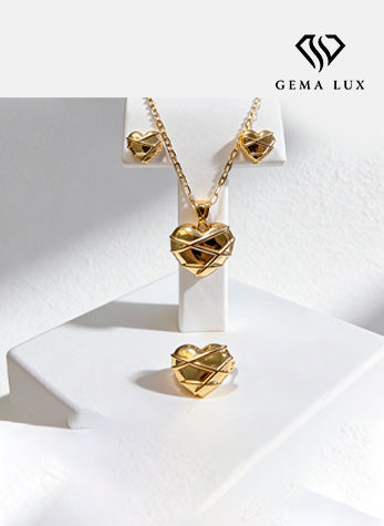 Solid 14K gold Exclusive Set necklace- earrings - ring with lines Heart 20'