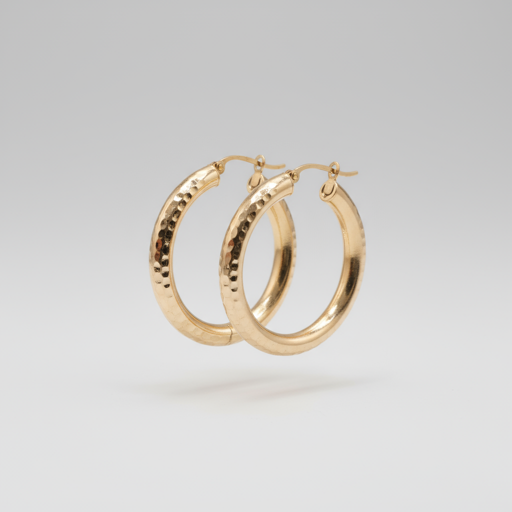 14k Gold dainity round  Hoop Earrings, 18mm textured