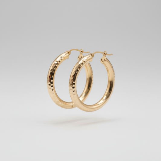 14k Gold dainity round  Hoop Earrings, 18mm textured