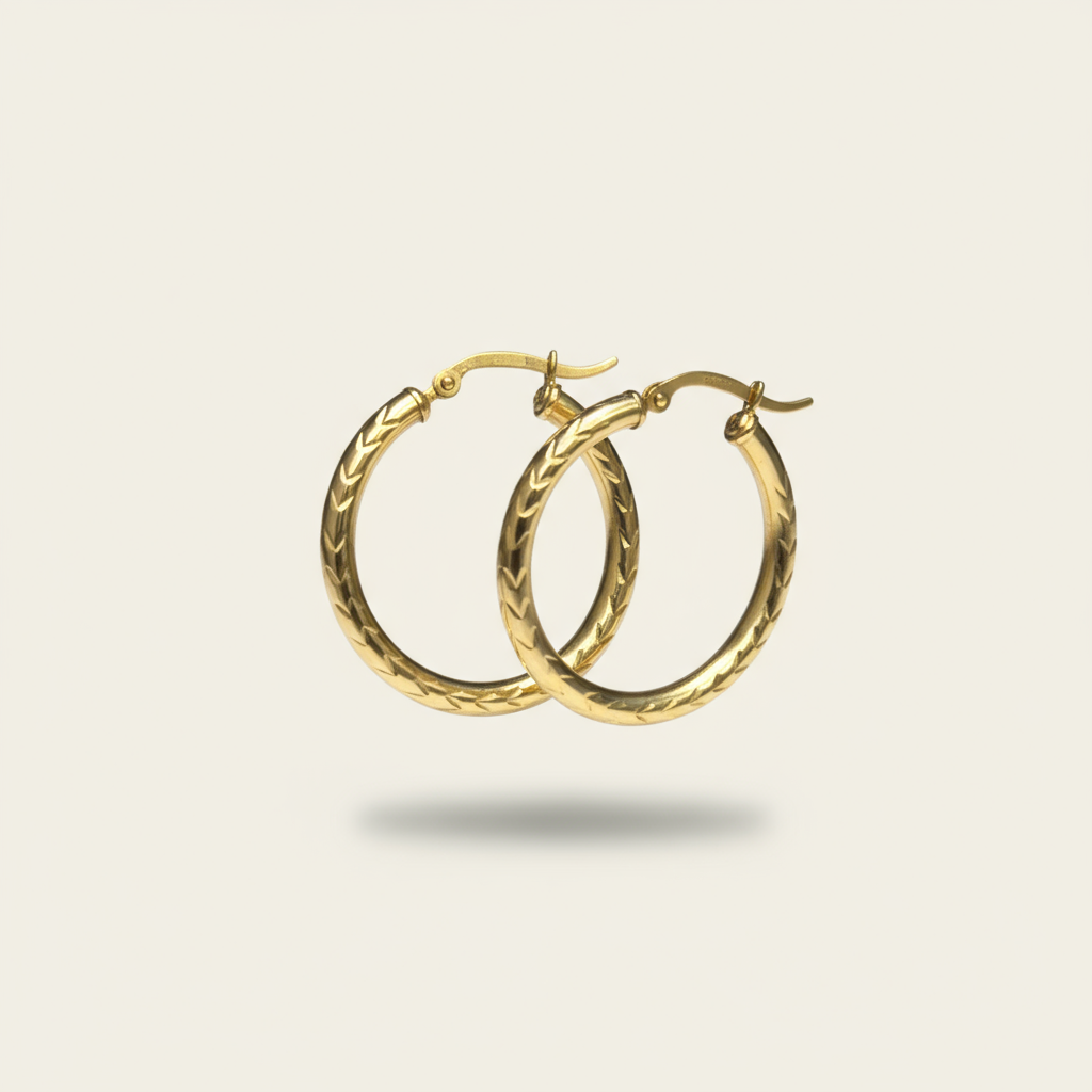 14k Gold round diamond cut hoop earrings 32mm