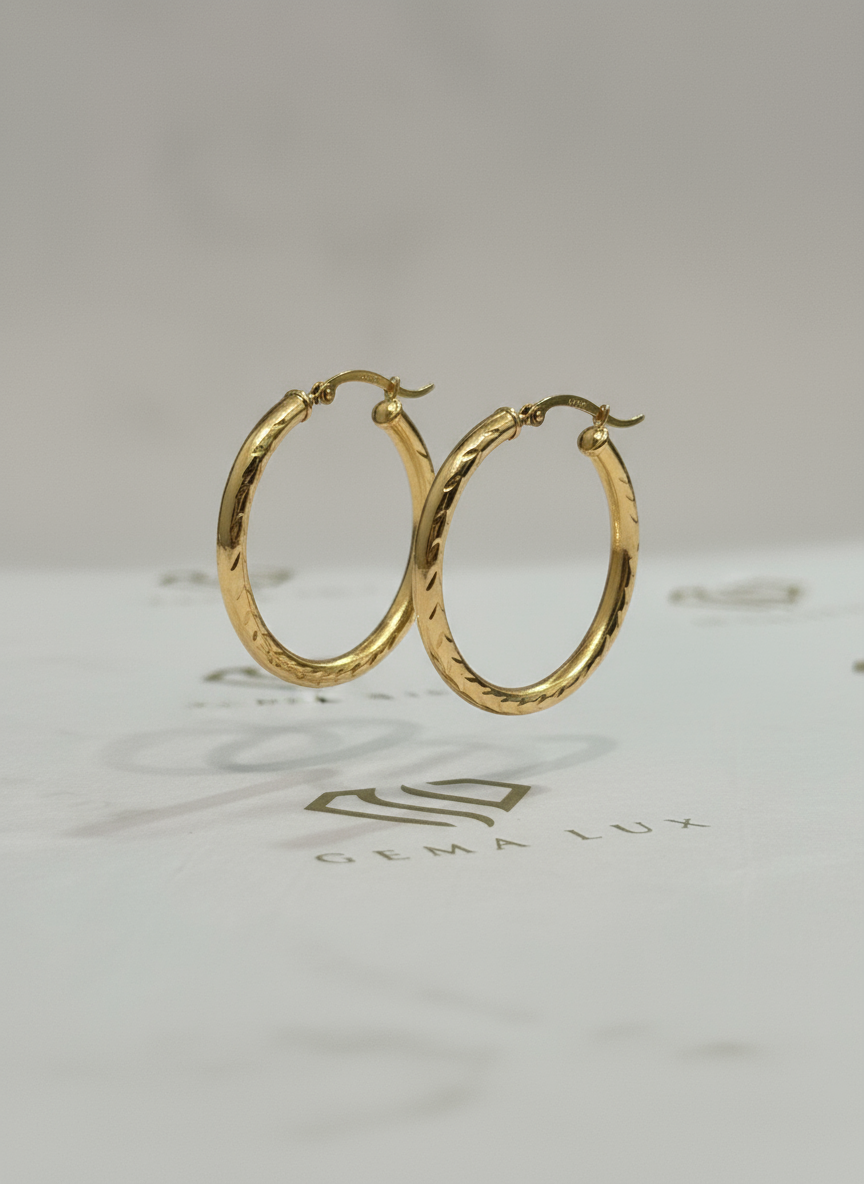 14k Gold round diamond cut hoop earrings 32mm