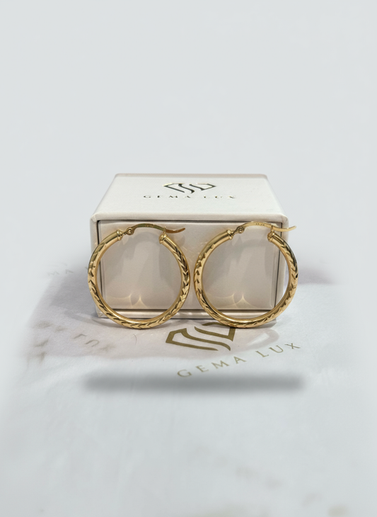 14k Gold round diamond cut hoop earrings 32mm