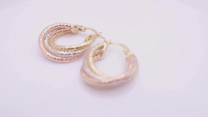 14k Gold textured and twisted hoops earrings 25mm